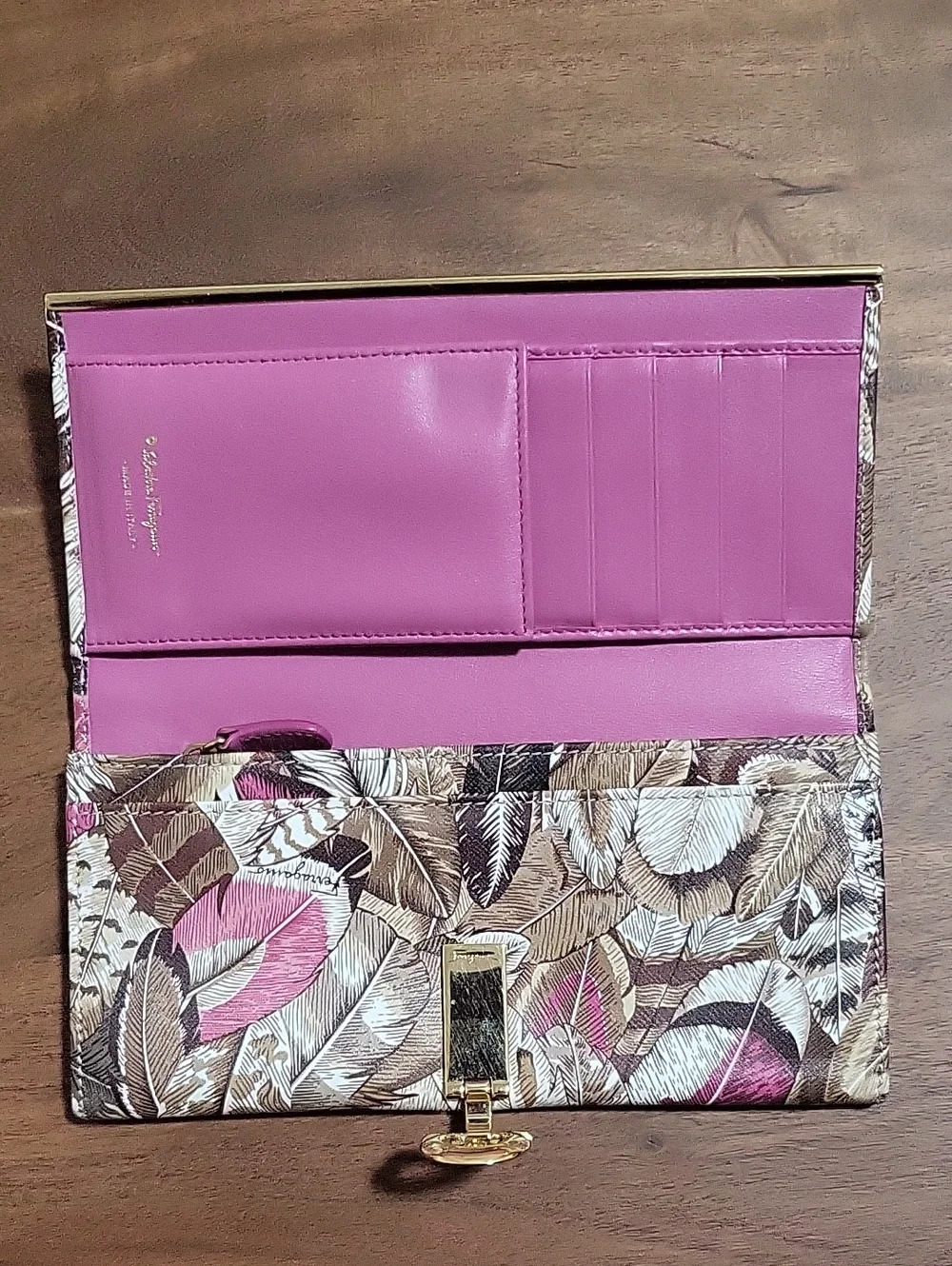 Salvatore Ferragamo Feather Print Leather Wallet in Brown, Pink & Cream - Picture 9 of 16